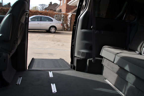 view from the inside of the chrysler with the ramp down