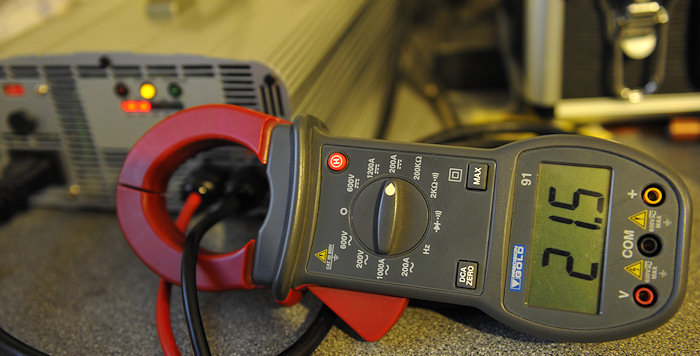 Clamp Meter showing a powerchair charging current